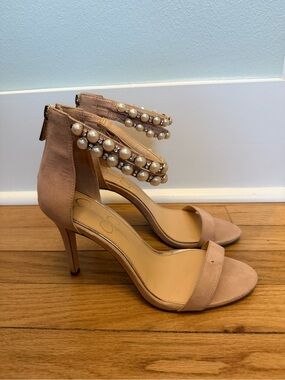Jessica Simpson Pearl-Trim Ankle-Strap 4” Heels in Blush Nude